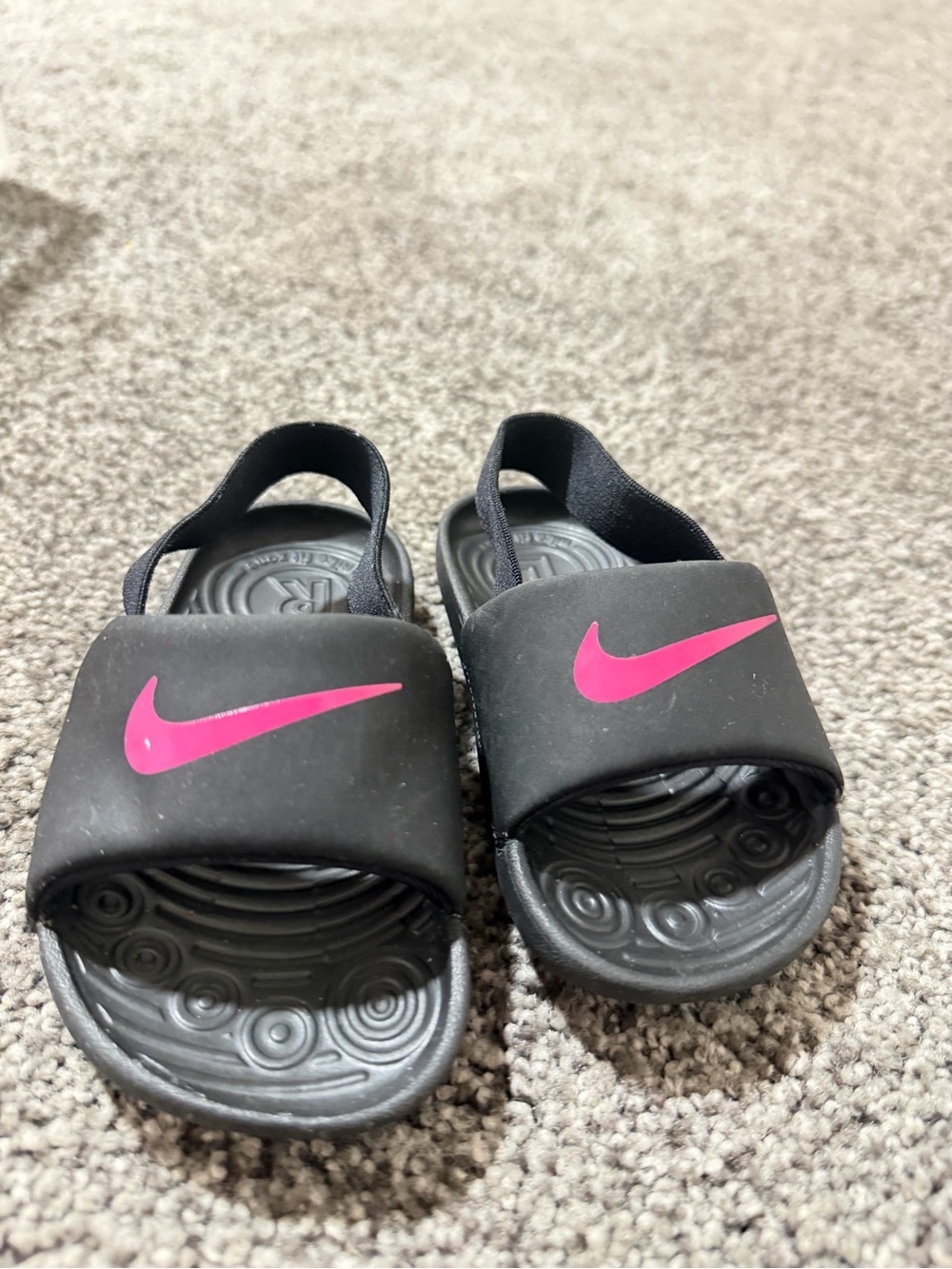 Nike Kids Black Slide Sandals with Pink Swoosh and Back Strap